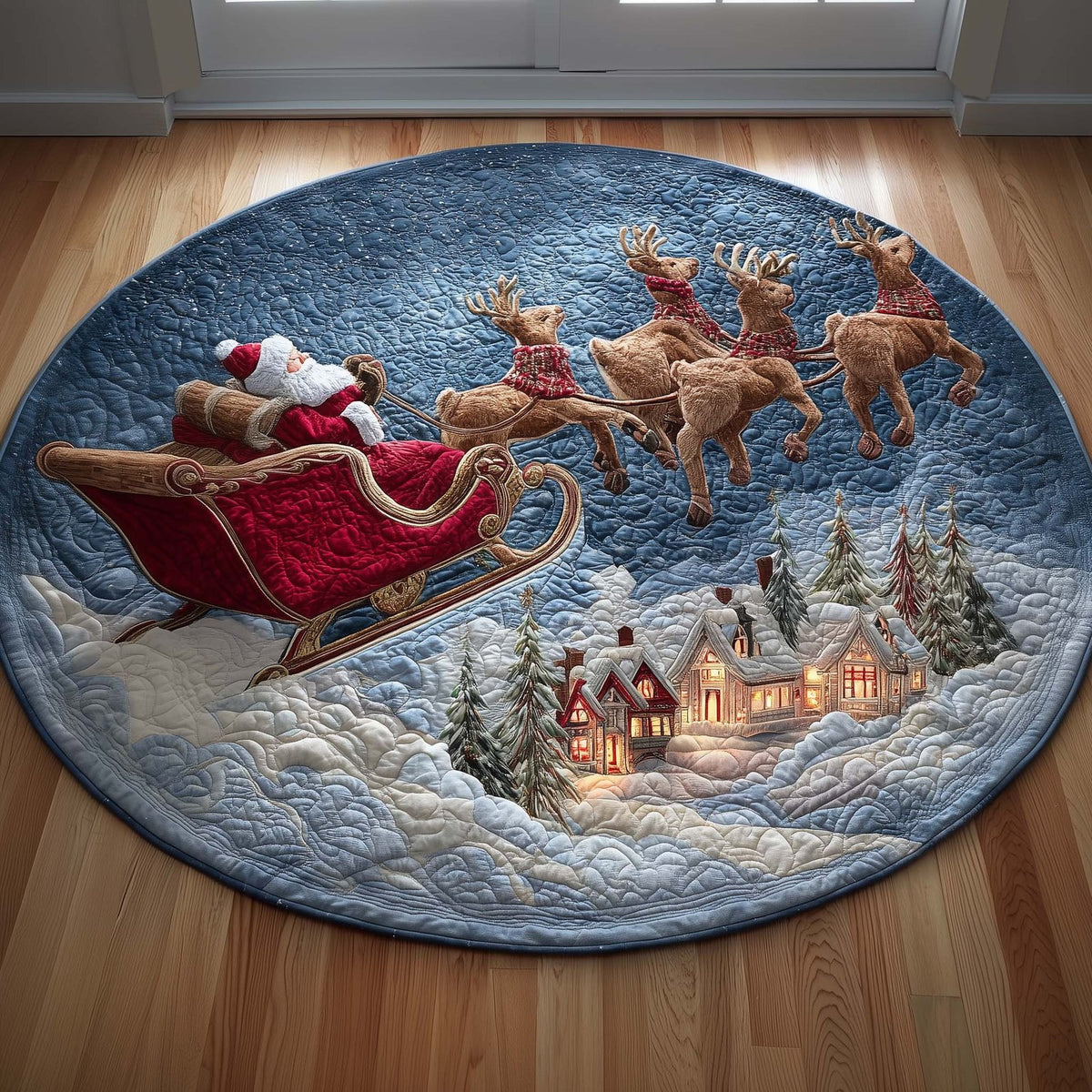 Reindeer Flight Christmas Round Mat Rug - washable non-slip printed rug