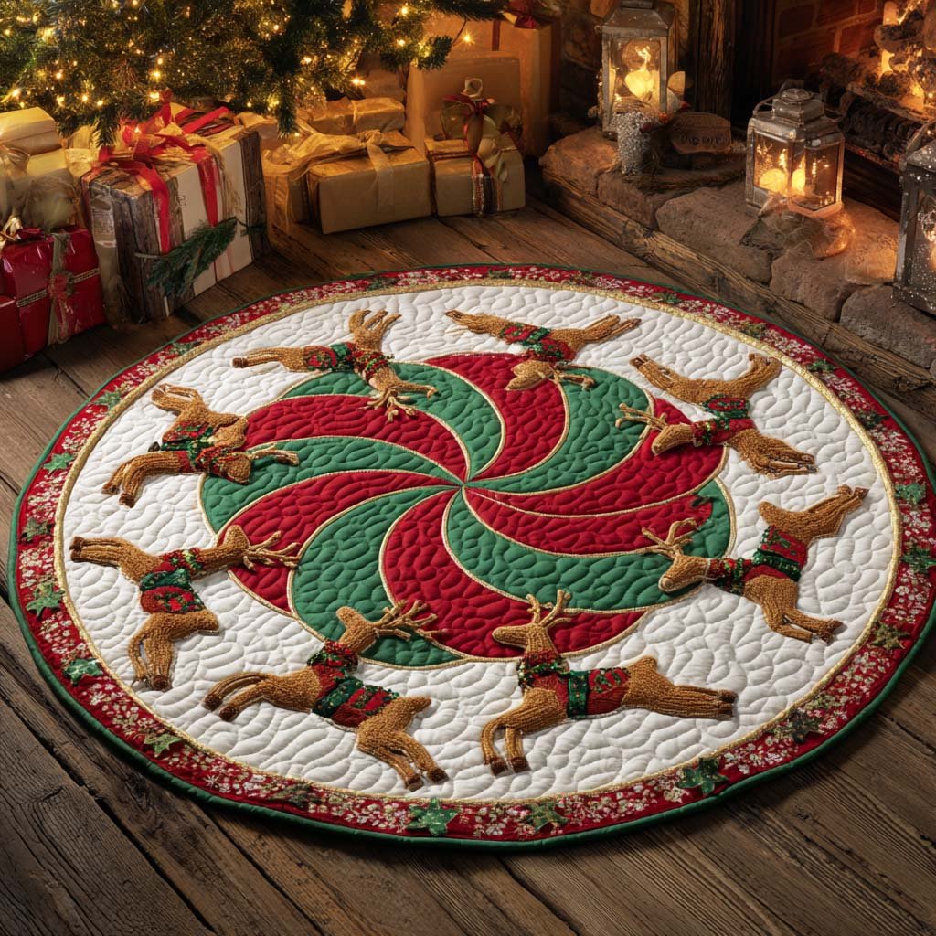 Reindeer Go Round Christmas Round Mat Rug - washable non-slip printed rug
