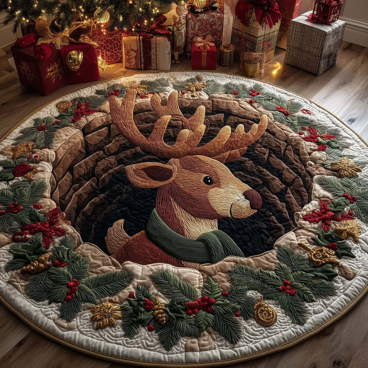 Reindeer Holiday Delight Round Mat Rug - Nature Design | Serene Home Decor