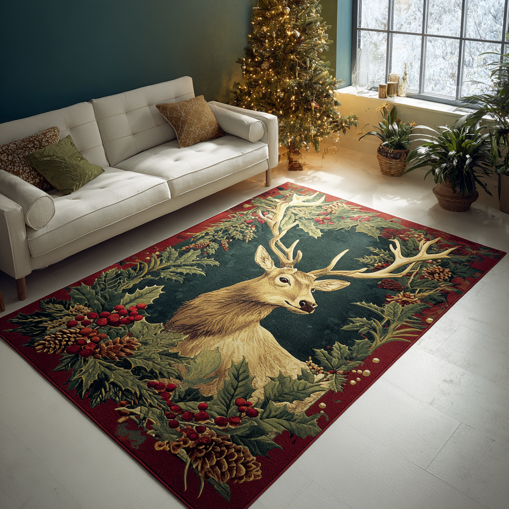 Reindeer Journey area rug in a living room