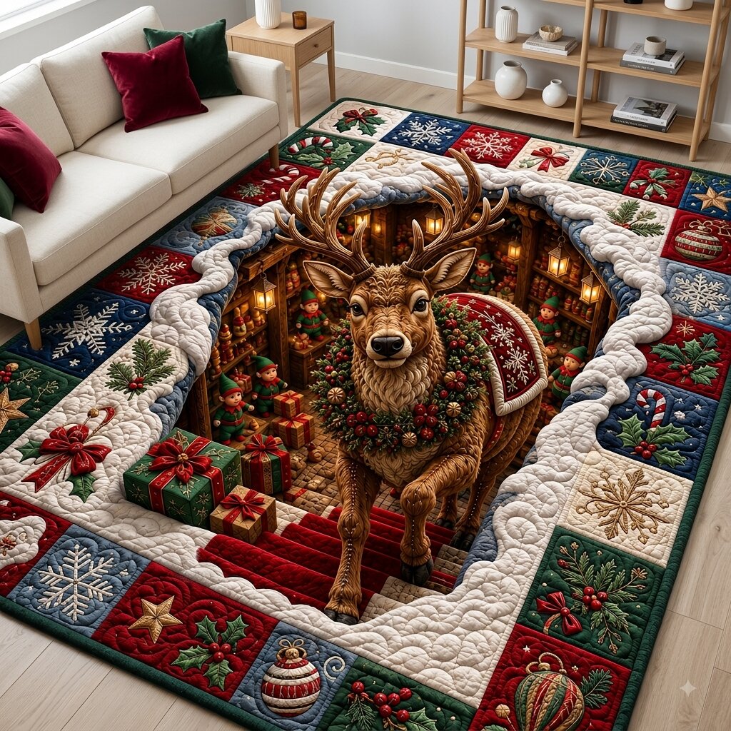 Reindeer Magic area rug in a living room
