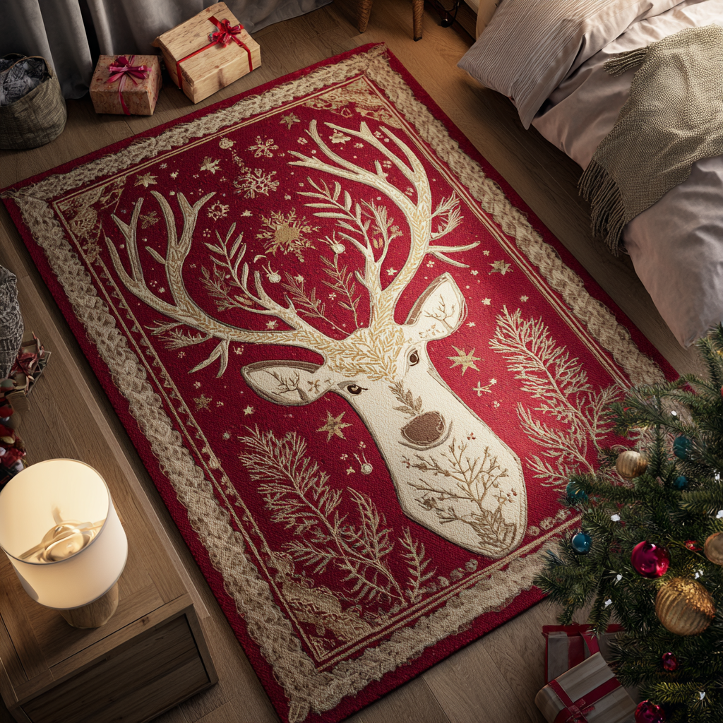Reindeer Magic area rug in a living room
