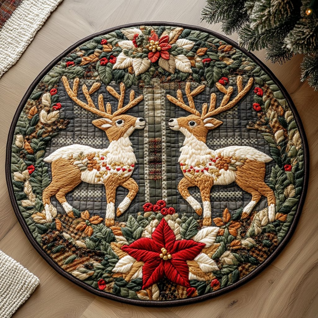 Reindeer Nostalgia Christmas Round Mat Rug - washable non-slip printed rug