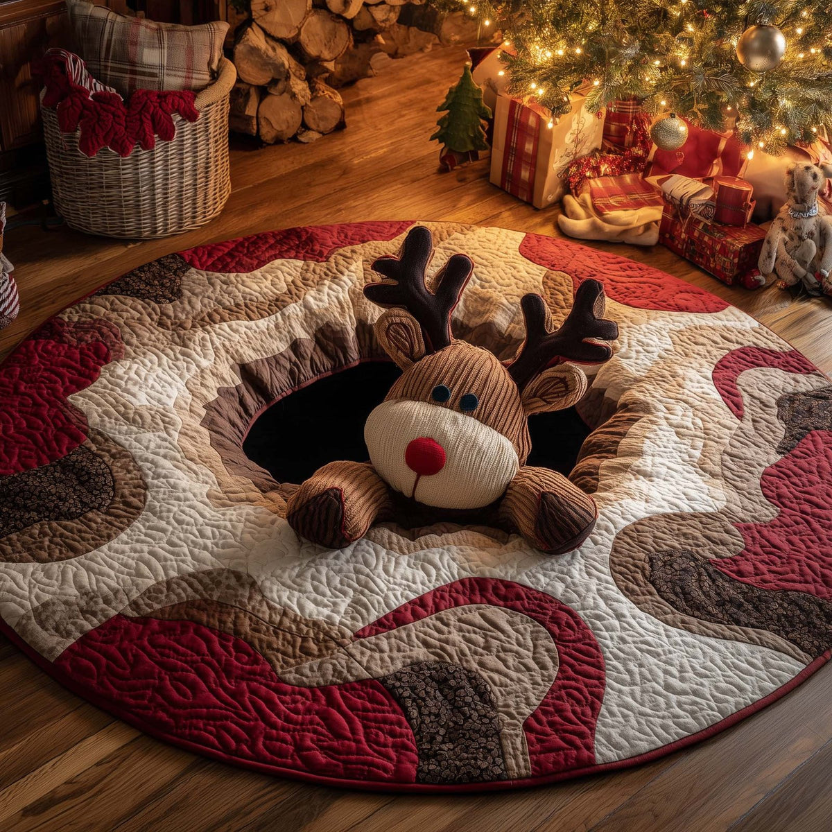 Reindeer Tumble Christmas Round Mat Rug - washable non-slip printed rug