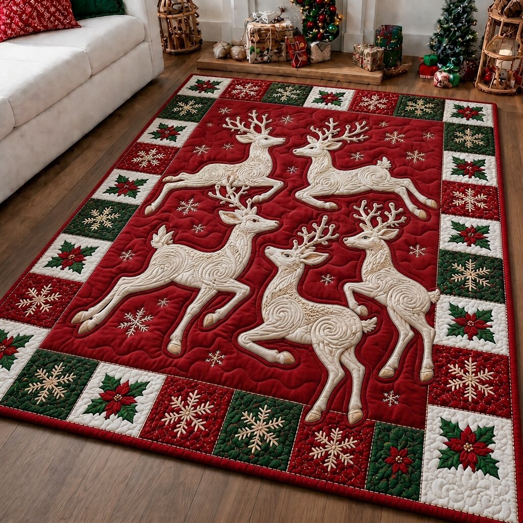 Reindeer Wishes area rug in a living room
