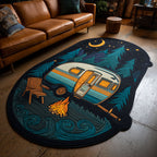 Retro Camping Night Custom Shape Area Rug - Nature Design | Die-Cut Non-Slip Rug - washable non-slip printed rug