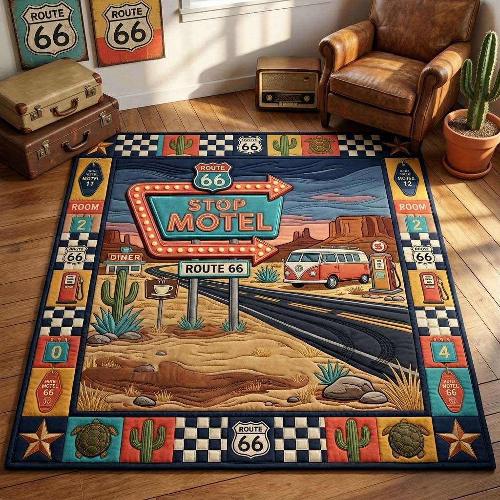 Retro Motel Stop area rug in a living room