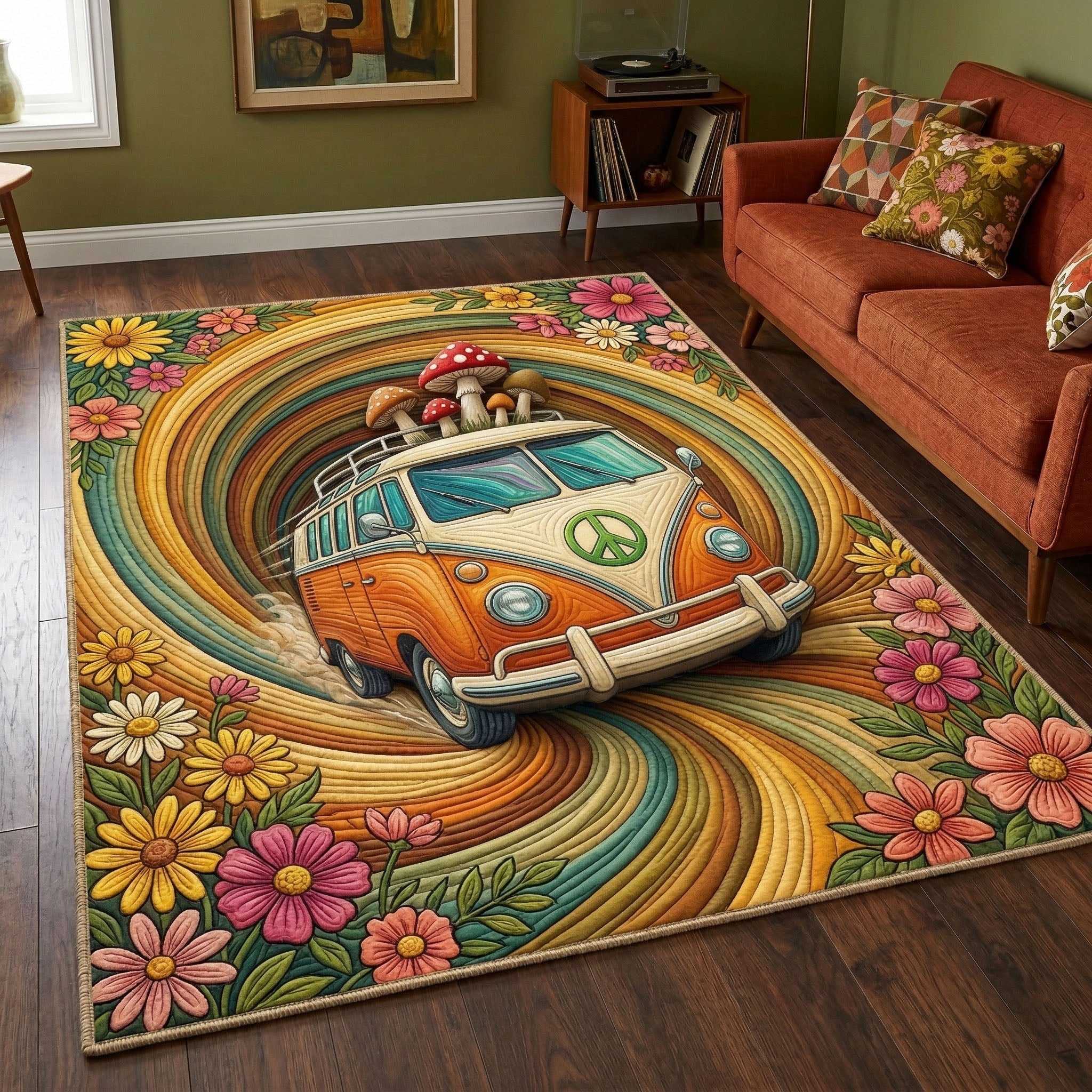 Retro Roadtrip area rug in a living room