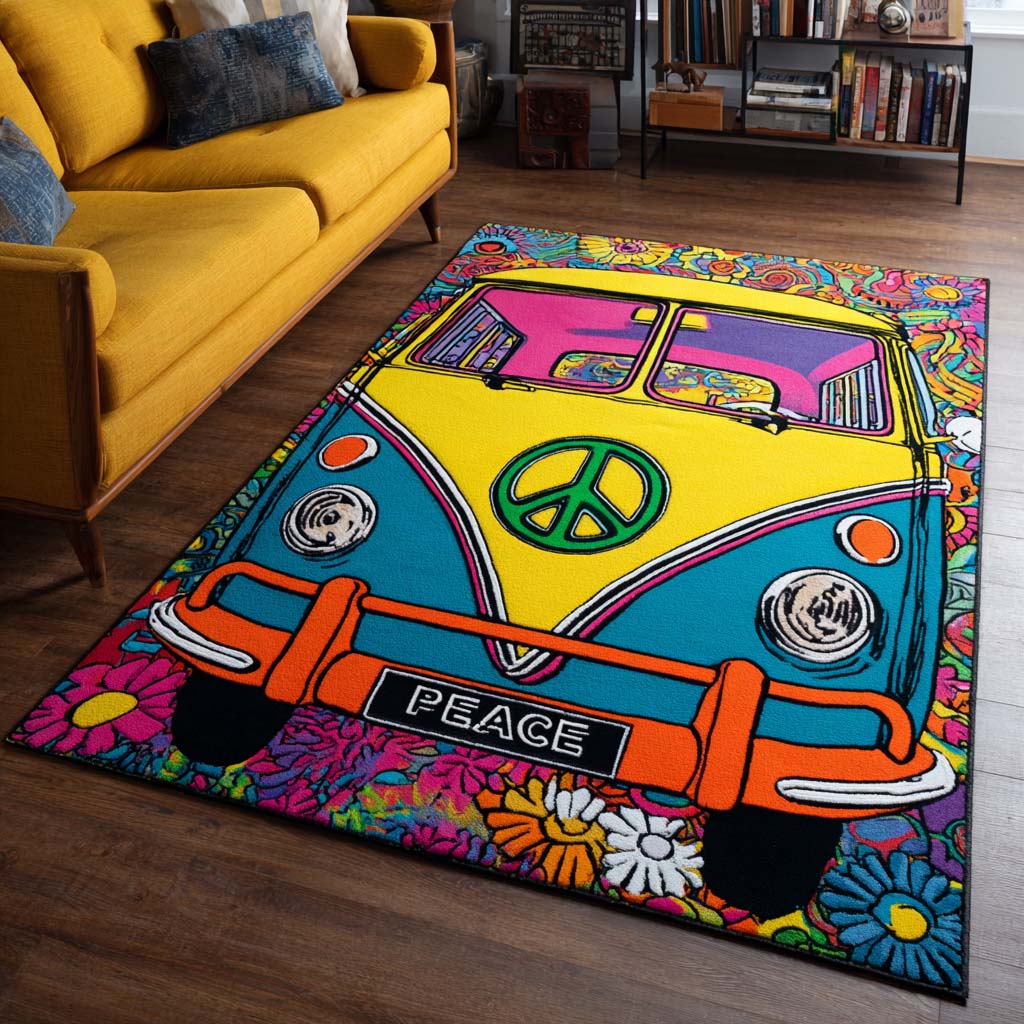 Retro Van Flower Power area rug in a living room