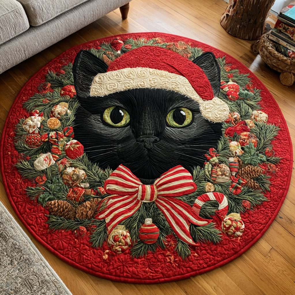 Ribbon Black Cat Round Mat Rug - washable non-slip printed rug