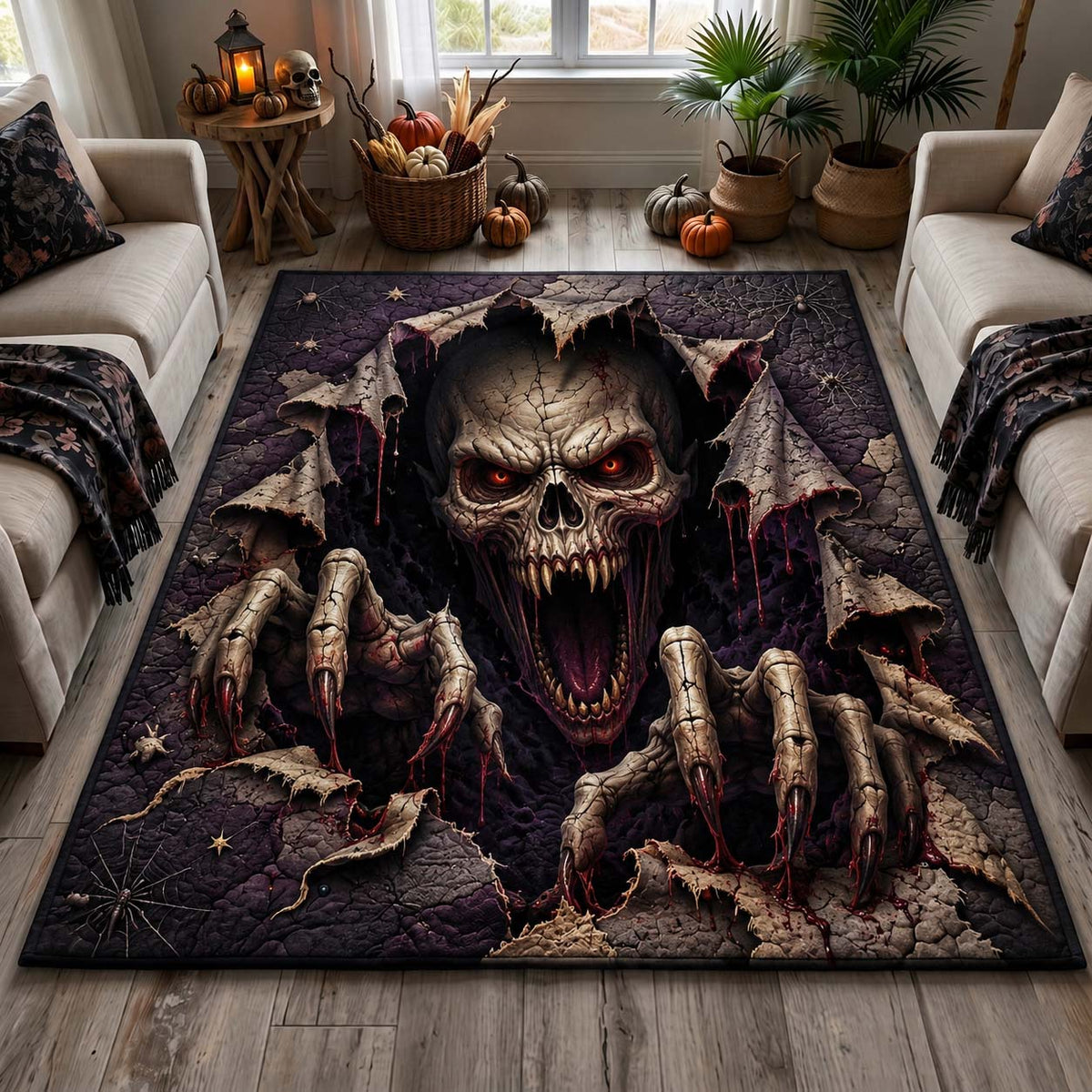 Ripped Skull Terror area rug in a living room