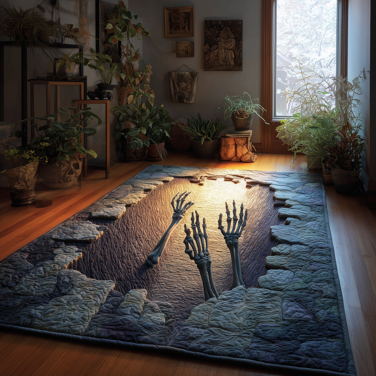 Rise of the Skeletons area rug in a living room
