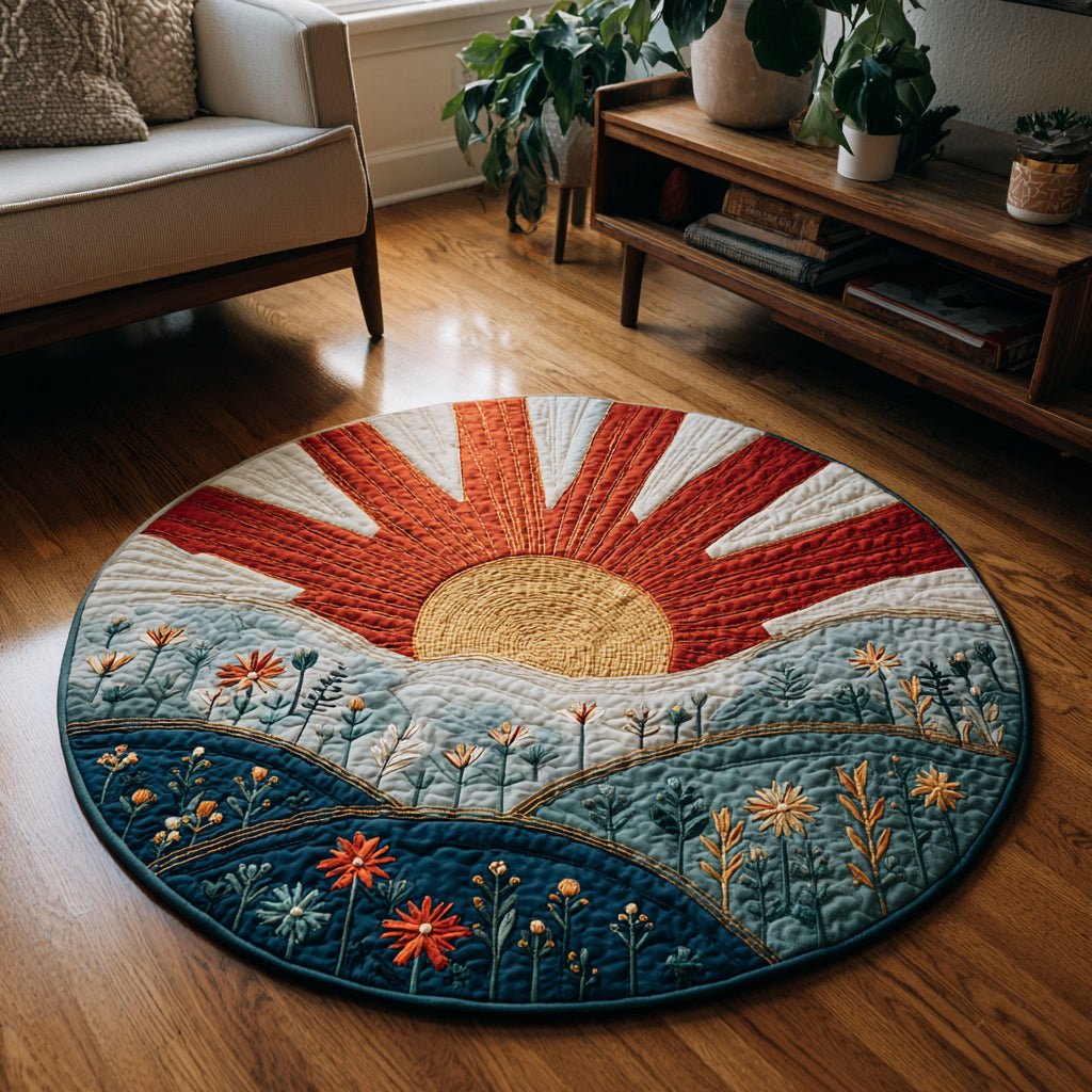 Rising Sun Meadow Round Mat Rug - washable non-slip printed rug