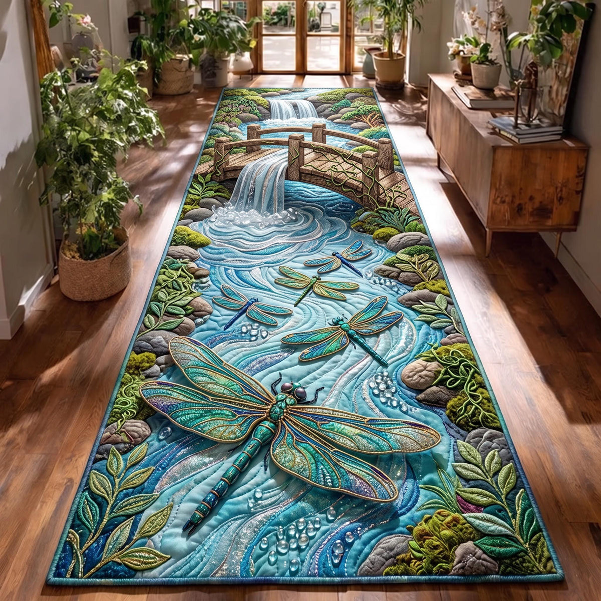 River Dragonfly Runner Rug - Cute Animal Design | Charming Runner Rug - washable non-slip printed rug