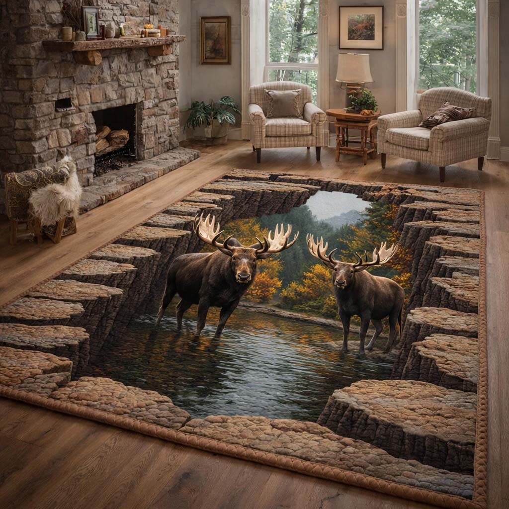 Riverbend Moose area rug in a living room