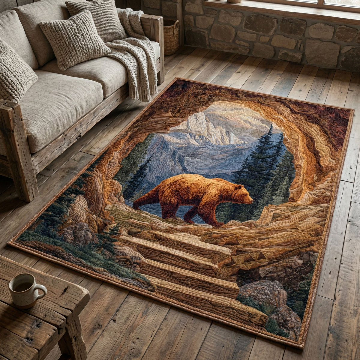 Rock Tunnel Bear area rug in a living room
