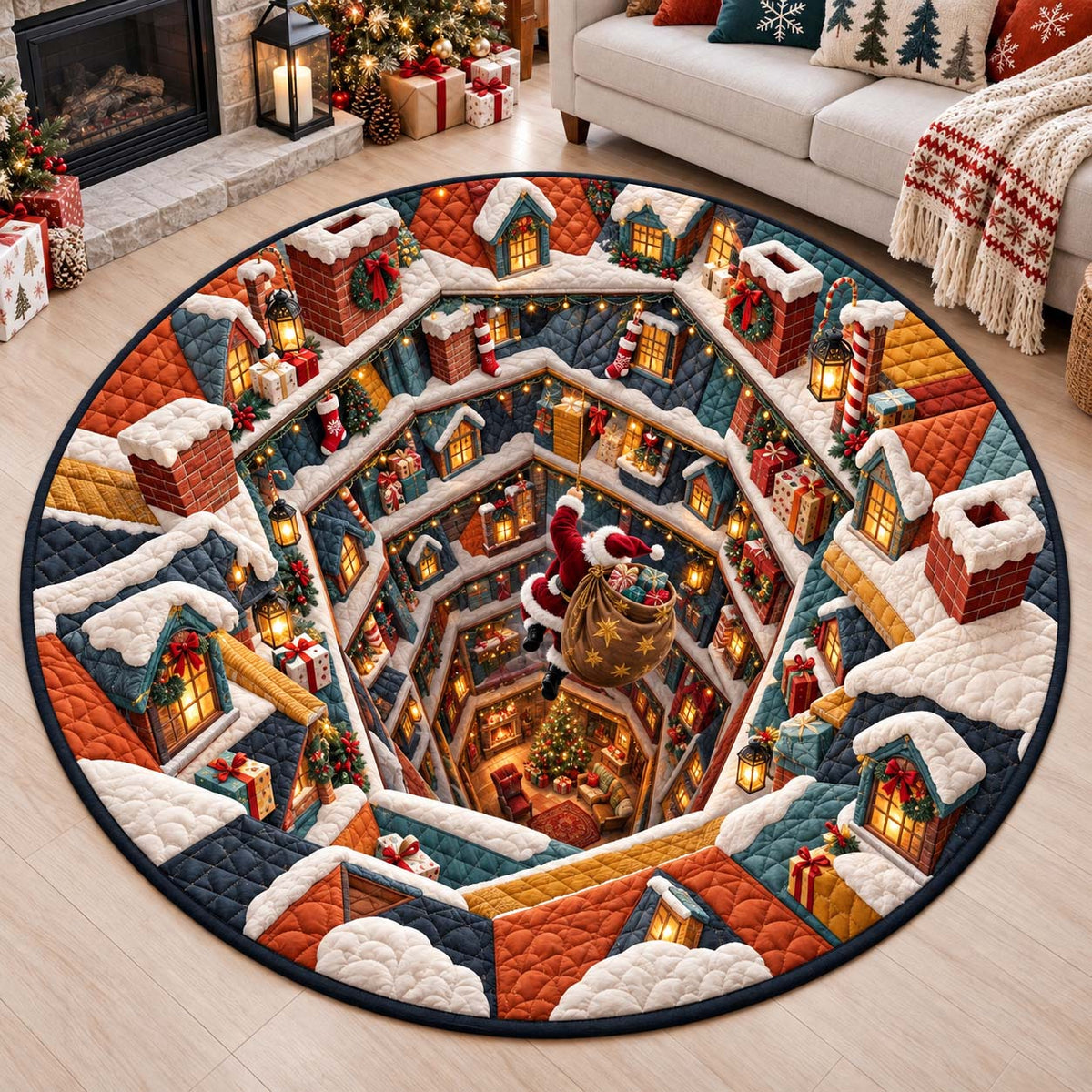 Rooftop Christmas Tunnel Round Mat Rug - Seasonal Design | Festive Home Decor - washable non-slip printed rug