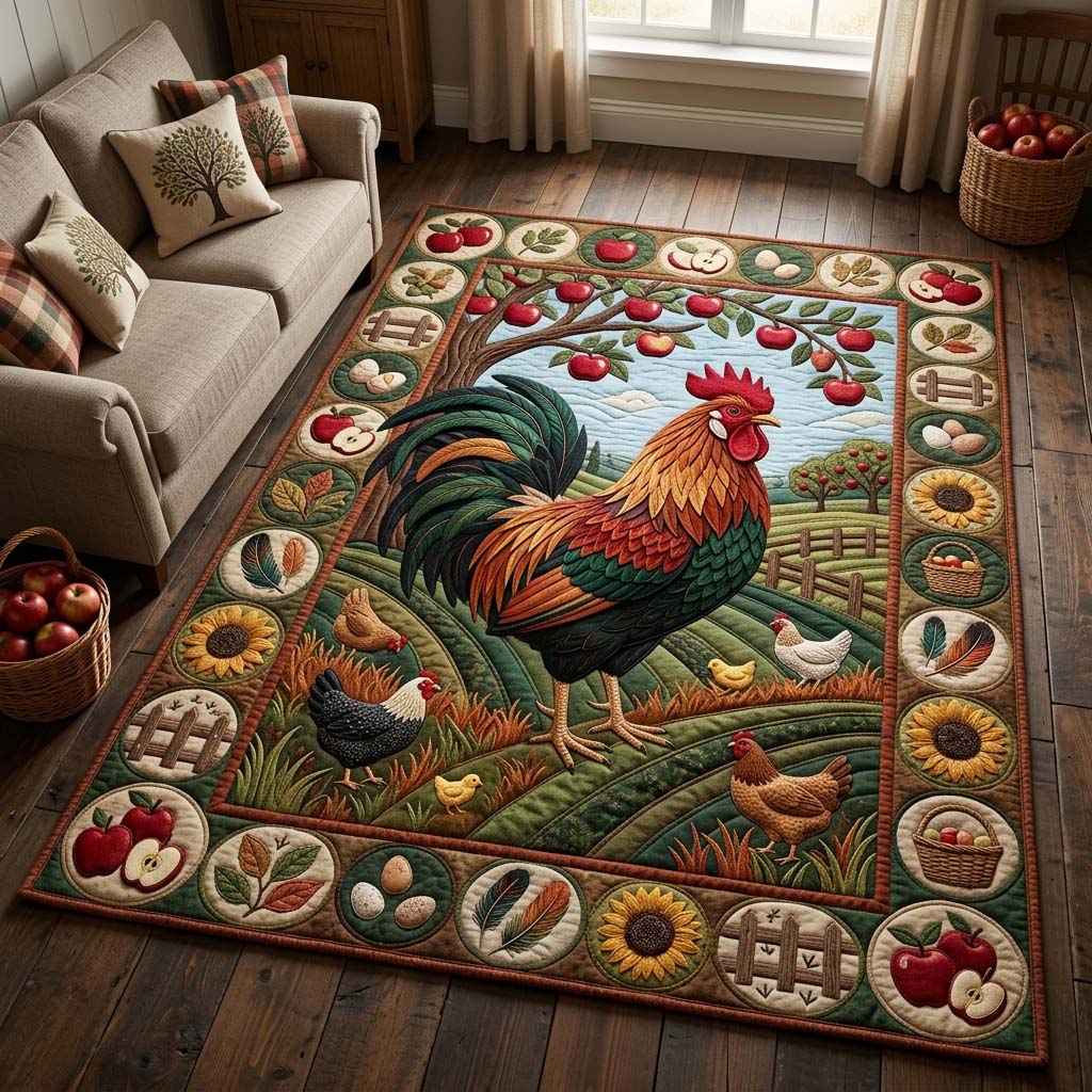 Rooster Apple Farm area rug in a living room