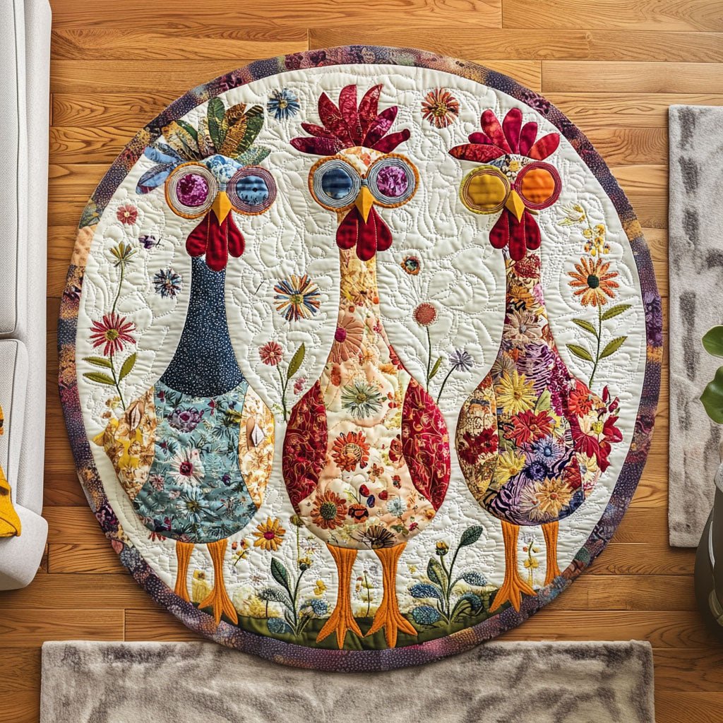Rooster Garden Charm Round Mat Rug - washable non-slip printed rug
