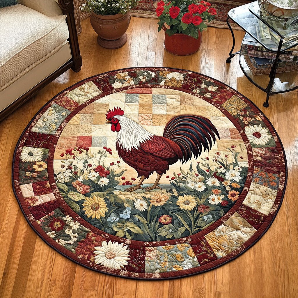 Rooster Garden Delight Round Mat Rug - washable non-slip printed rug
