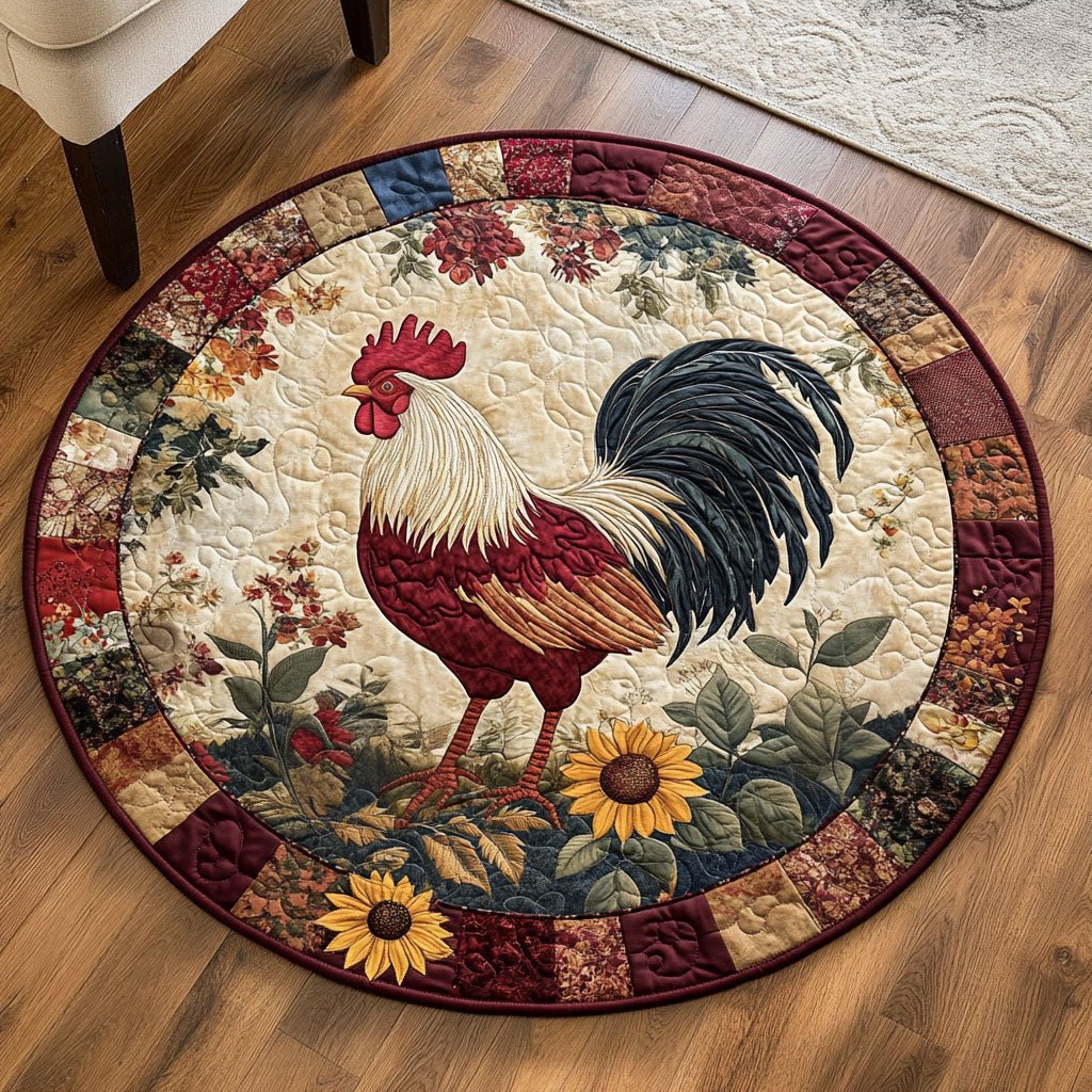 Rooster Mornings Round Mat Rug - washable non-slip printed rug