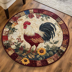 Rooster Mornings Round Mat Rug - washable non-slip printed rug