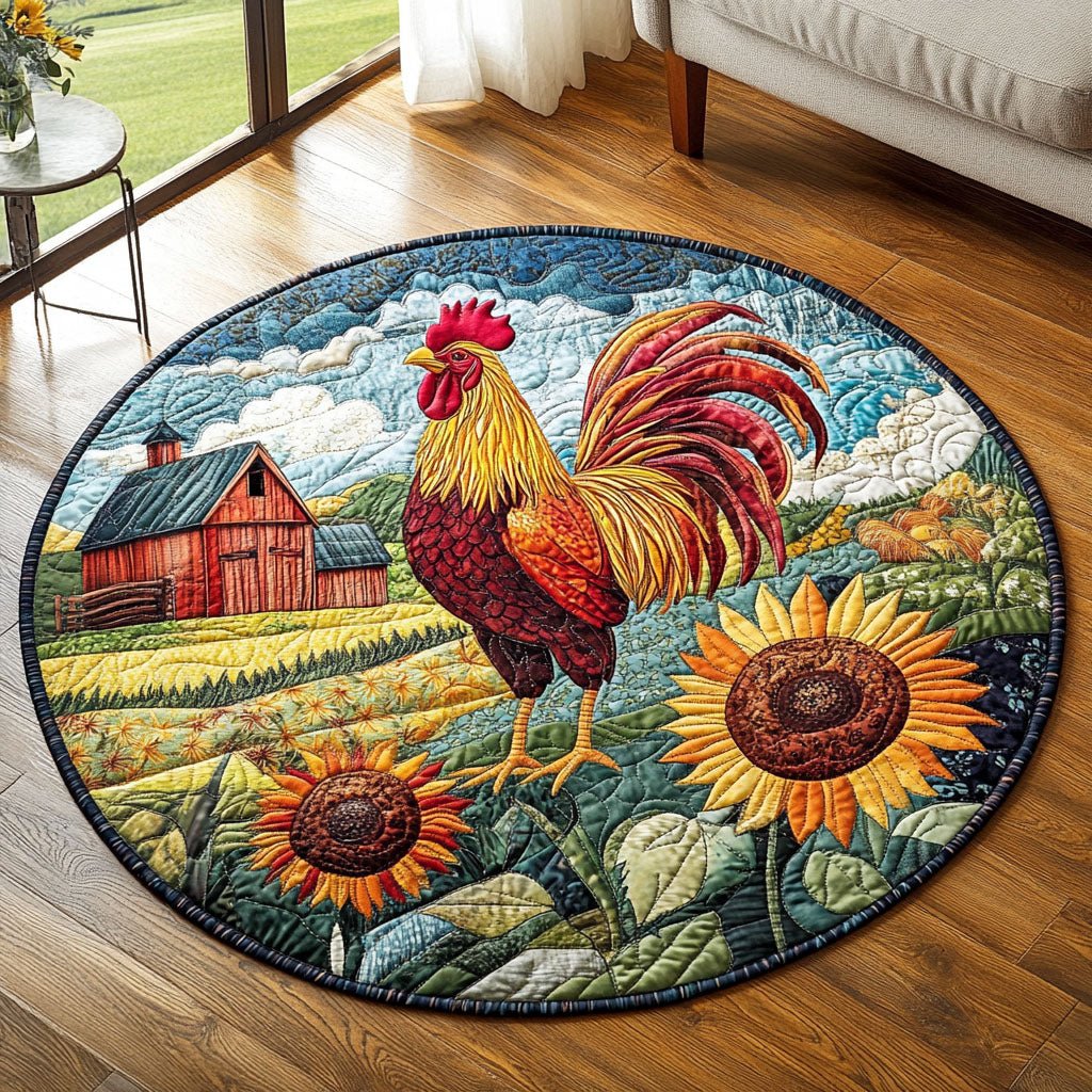Rooster Parade Round Mat Rug - washable non-slip printed rug