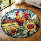 Rooster Parade Round Mat Rug - washable non-slip printed rug