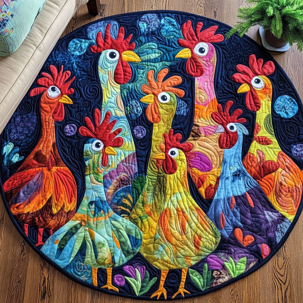 Rooster Party Round Mat Rug - washable non-slip printed rug