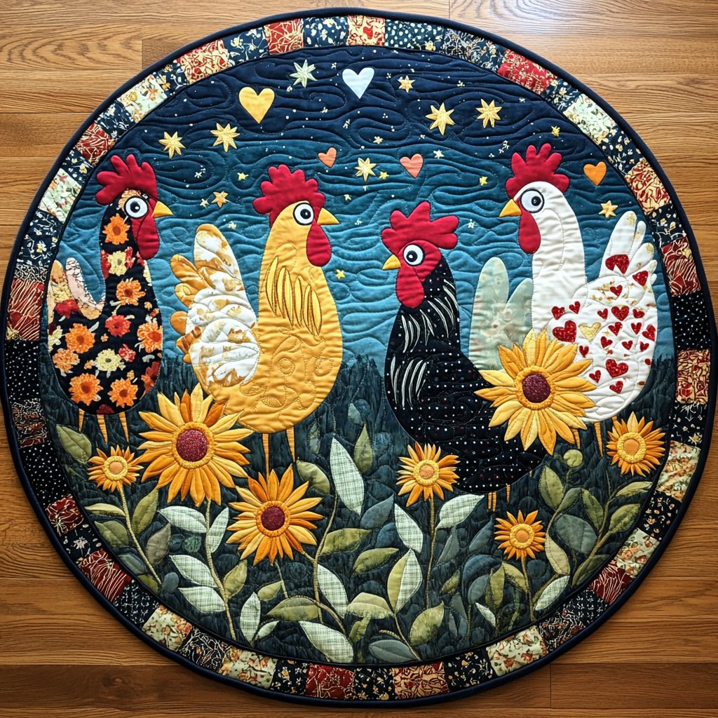 Rooster Radiance (Design 2) Round Mat Rug - washable non-slip printed rug