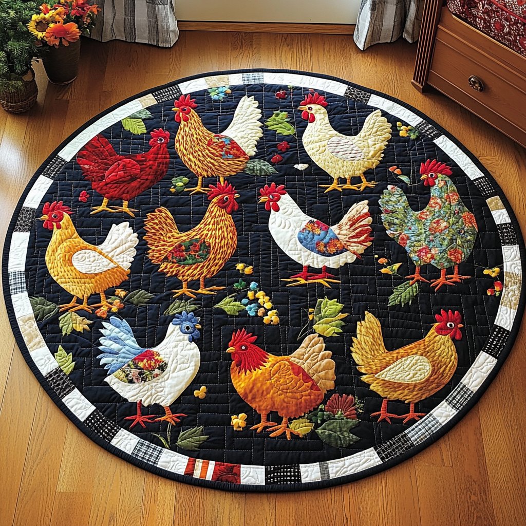 Rooster Radiance Round Mat Rug - washable non-slip printed rug