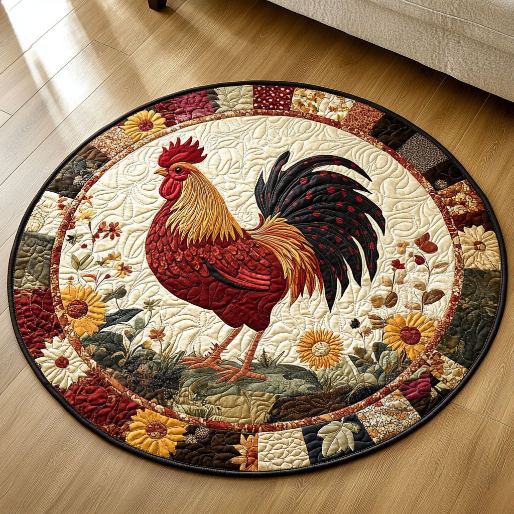 Rooster Revelry Round Mat Rug - washable non-slip printed rug