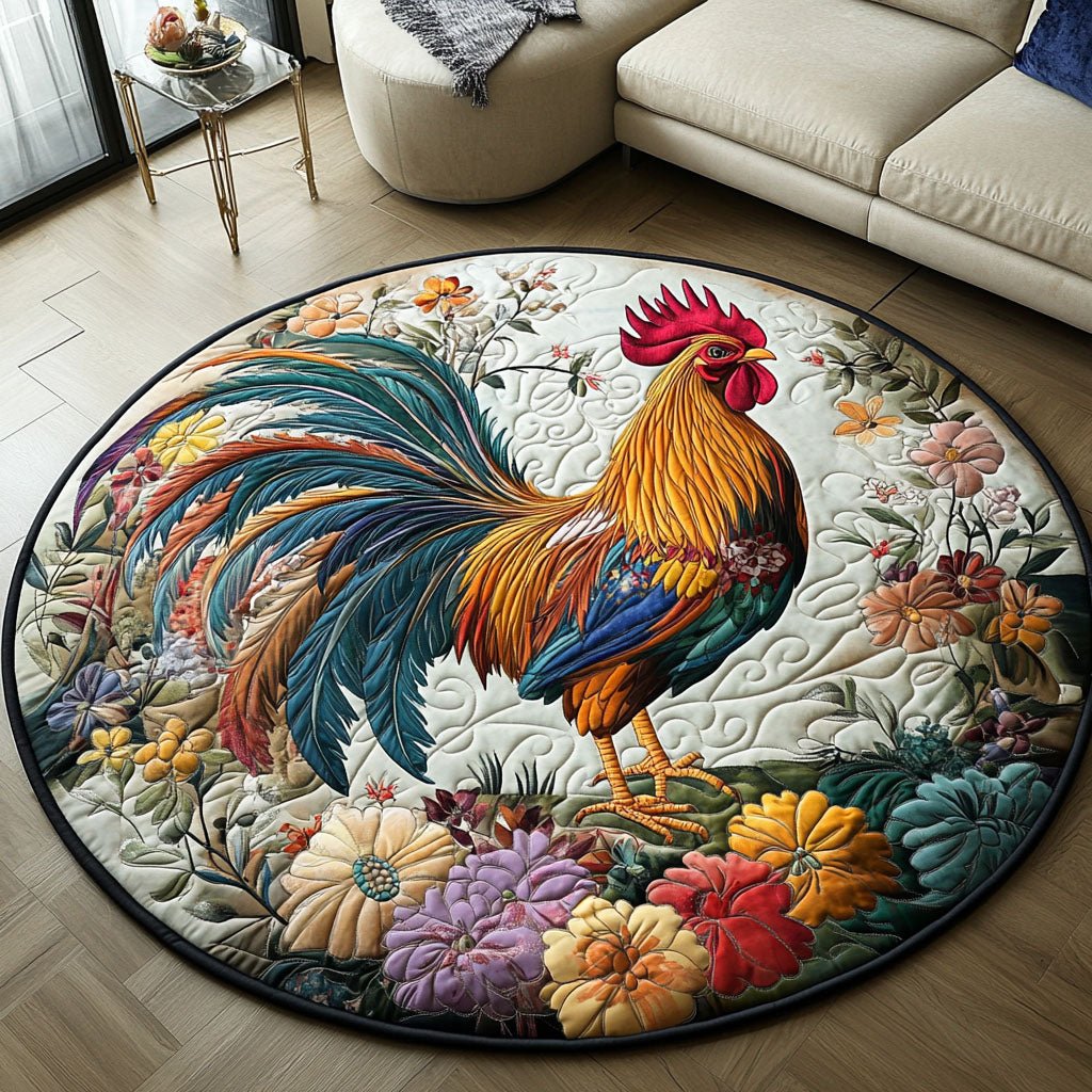 Rooster in Bloom Round Mat Rug - washable non-slip printed rug