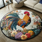 Rooster in Bloom Round Mat Rug - washable non-slip printed rug