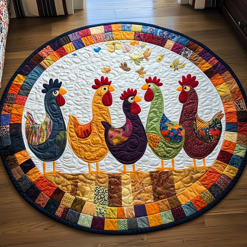 Roosters Glow Round Mat Rug - washable non-slip printed rug
