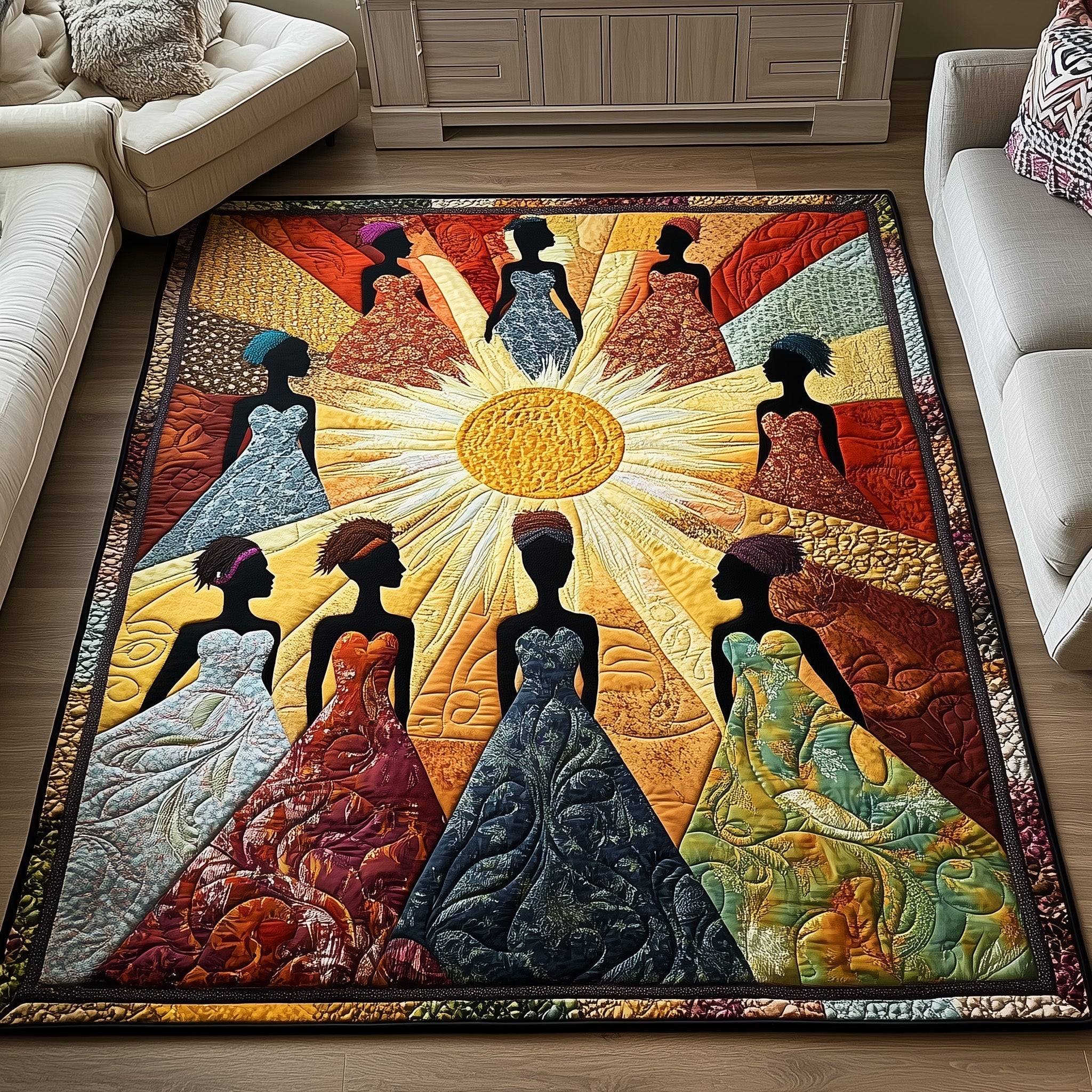 Roots Of Power area rug in a living room