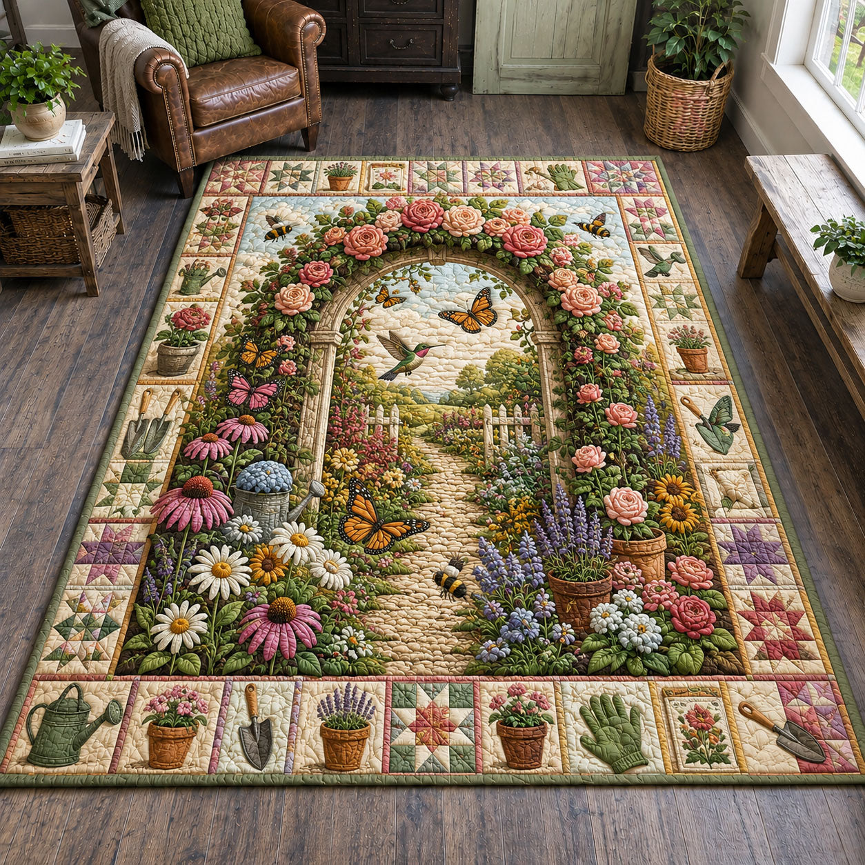 Rose Garden Arbor Path area rug in a living room