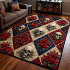 Rose Skull Patchwork area rug in a living room