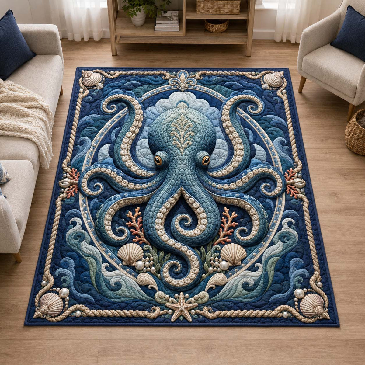 Royal Blue Octopus area rug in a living room