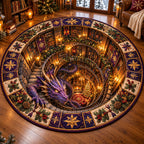 Royal Purple Dragon Library Round Mat Rug - Cute Animal Design | Charming Home Decor - washable non-slip printed rug