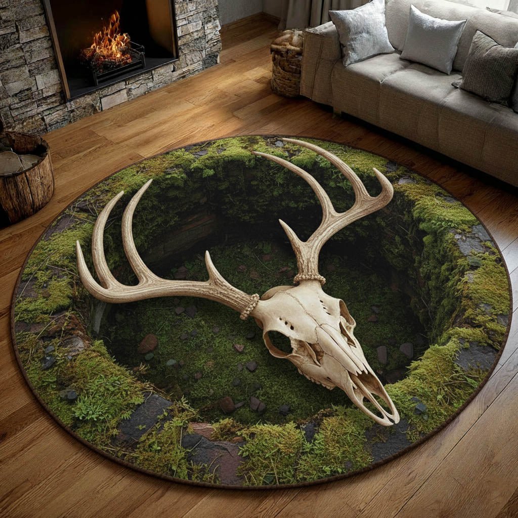 Rustic Antler (Design 3) Round Mat Rug - washable non-slip printed rug