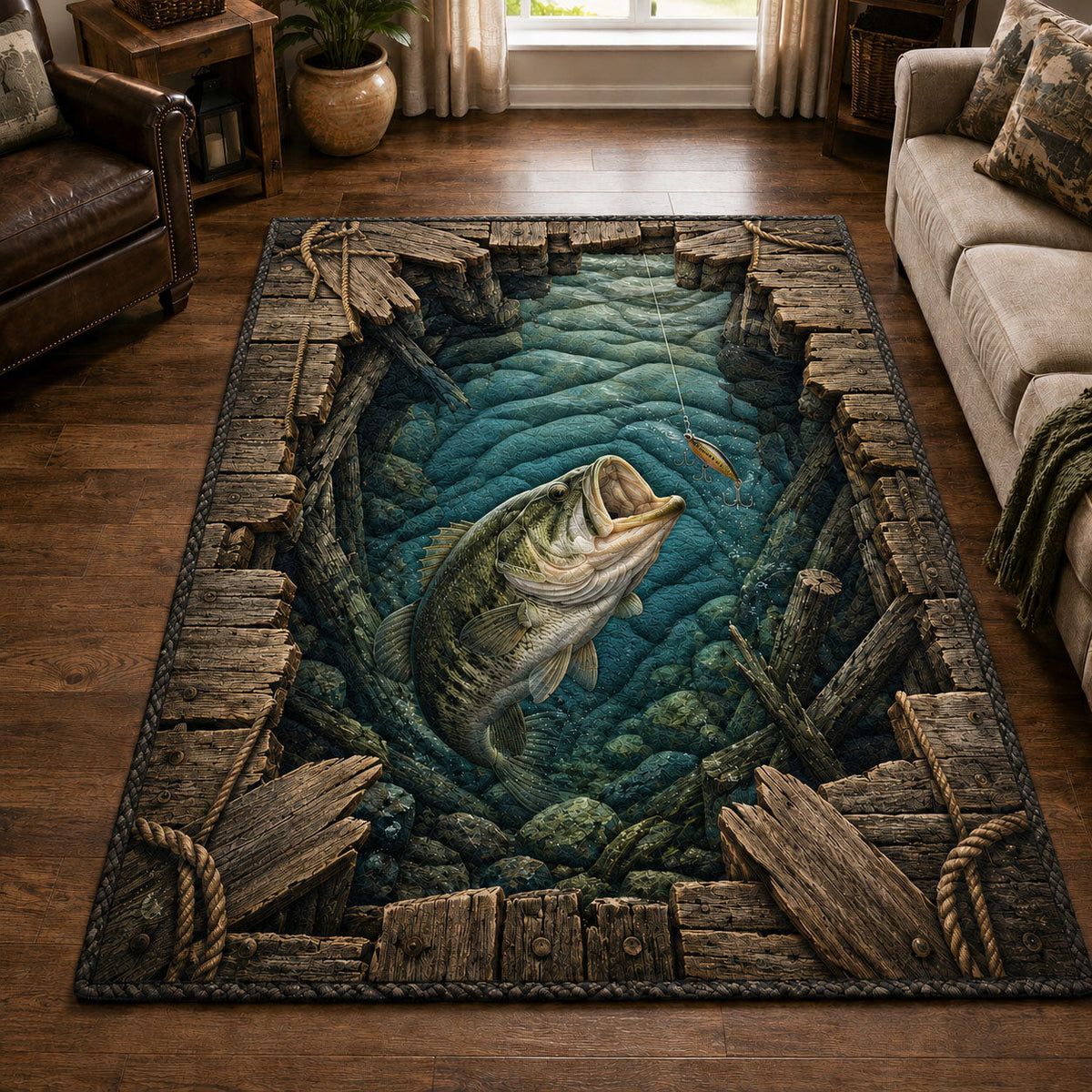 Rustic Bass Dock Illusion area rug in a living room