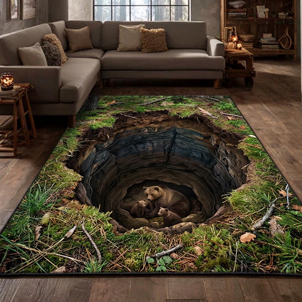 Rustic Bear area rug in a living room
