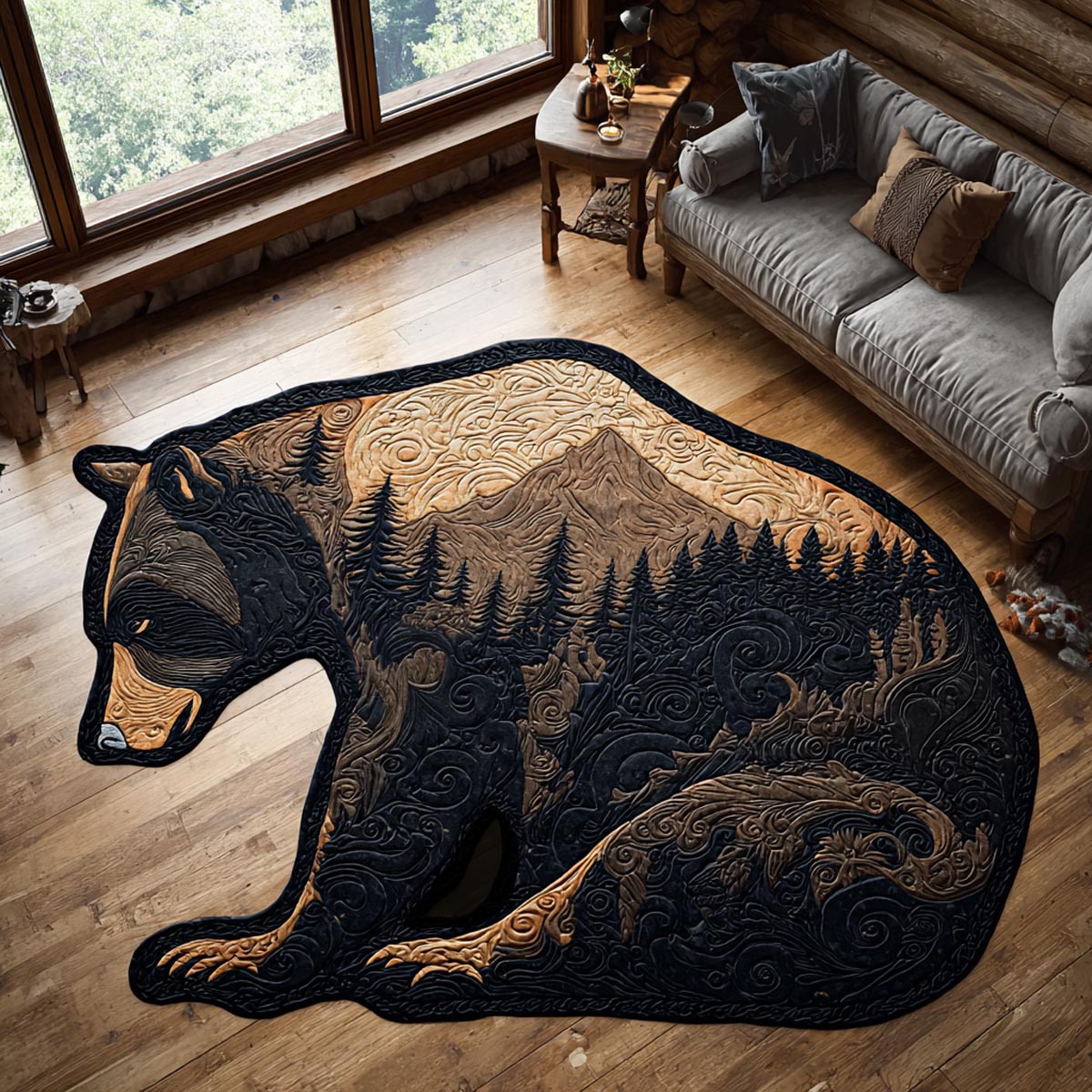 Rustic Bear Custom Shape Area Rug - Cute Animal Design | Die-Cut Non-Slip Rug - washable non-slip printed rug