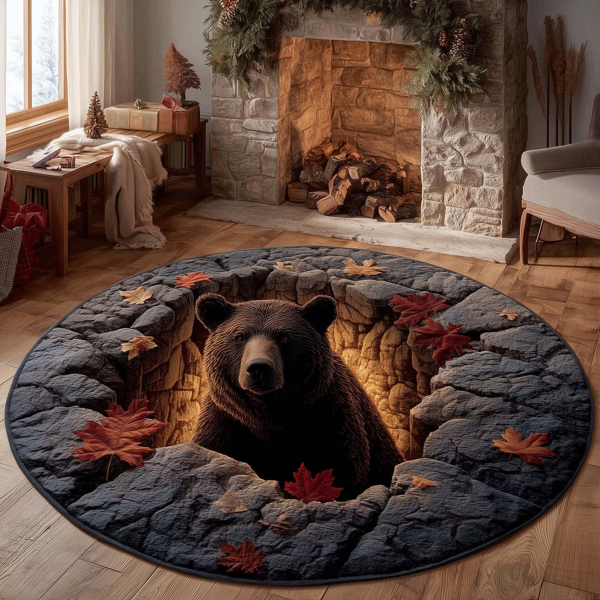 Rustic Bear Round Mat Rug - Cute Pet Design | Animal Printed Home Decor