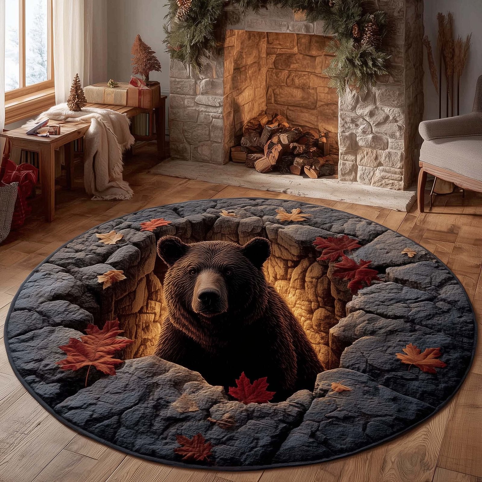 Rustic Bear Round Mat Rug - Cute Pet Design | Animal Printed Home Decor
