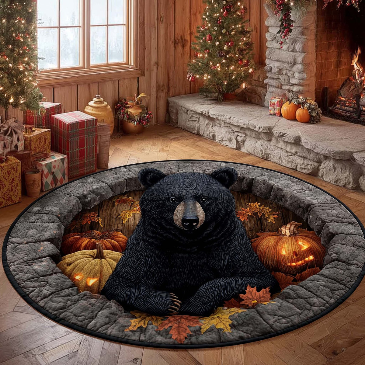 Rustic Bear Round Mat Rug - washable non-slip printed rug