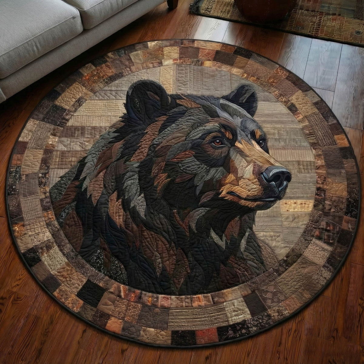 Rustic Bear Round Mat Rug - washable non-slip printed rug