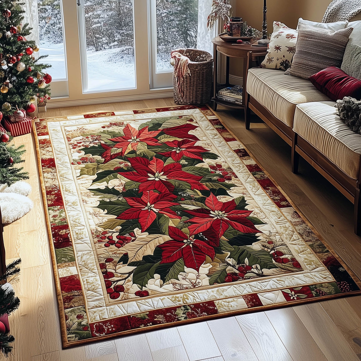 Rustic Christmas area rug in a living room