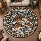 Rustic Christmas Village Round Mat Rug - Seasonal Design | Festive Home Decor - washable non-slip printed rug